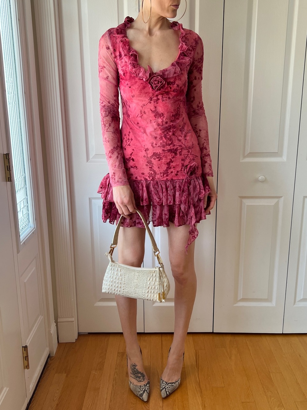 MISSGUIDED Pink Floral Ruffle Long-Sleeve Mini Dress